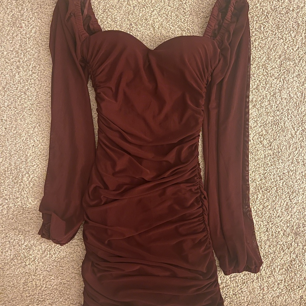 Windsor Red / Burgundy Long Mesh Sleeve Mini Dress